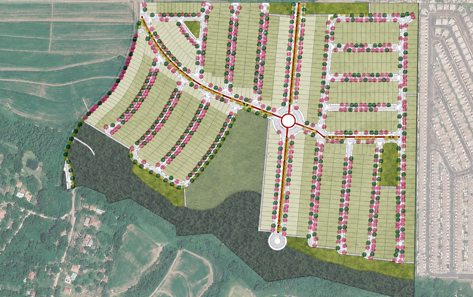 Mapa de implantação do loteamento Parque Arvoredo com a distribuição dos 789 lotes, áreas verdes e de lazer